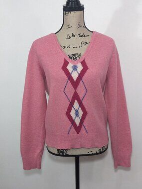 Vintage Express Sweater Women XL Pink Y2K Academia Argyle Lambswool Preppy